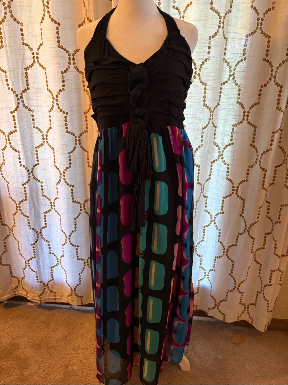 The Pyramid Collection Black Halter Maxi with Teal & Magenta Geometric Skirt